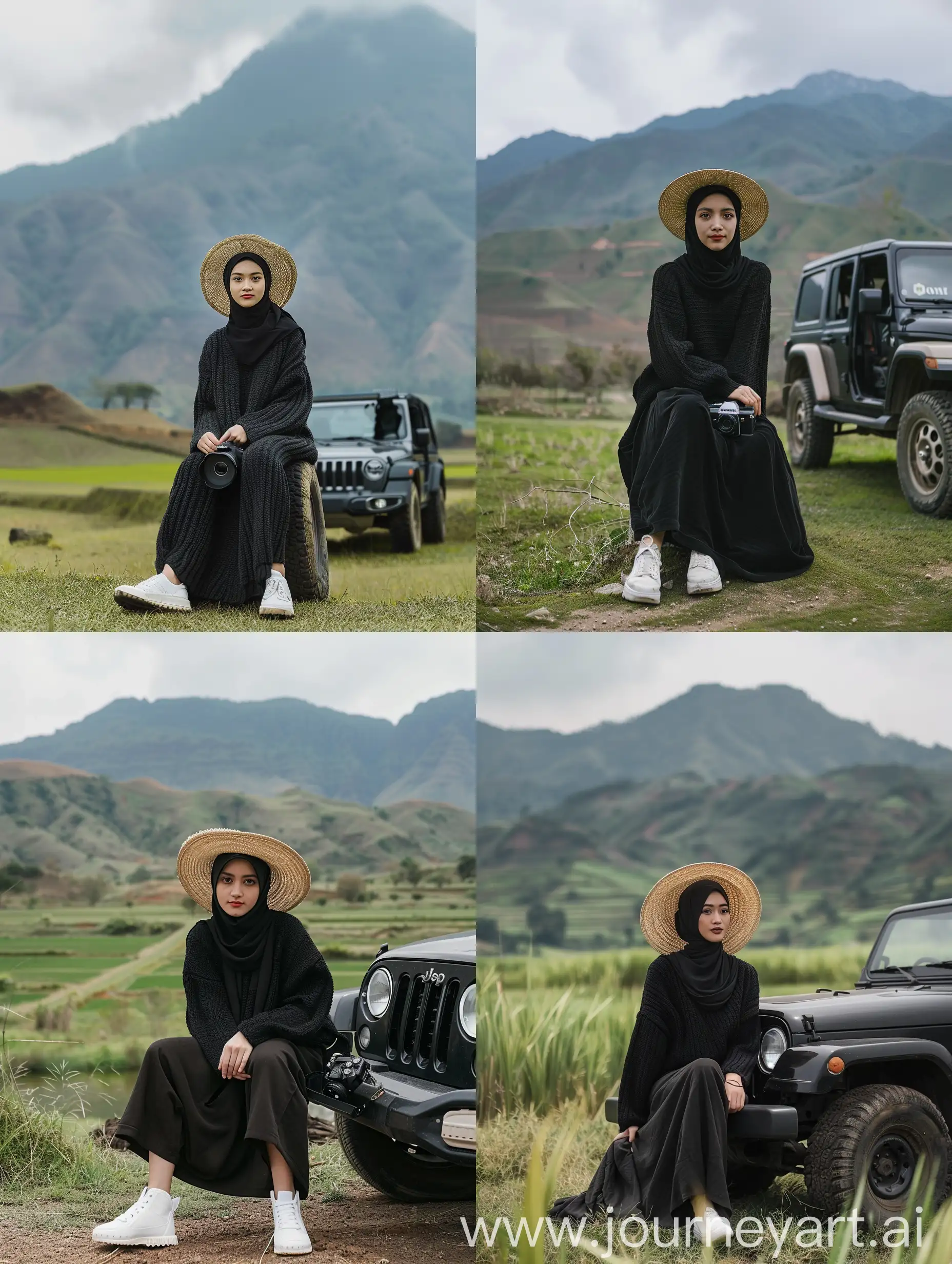 Indonesian-Woman-in-Hijab-with-Nikon-D850-on-Jeep-Near-Mountain-Landscape