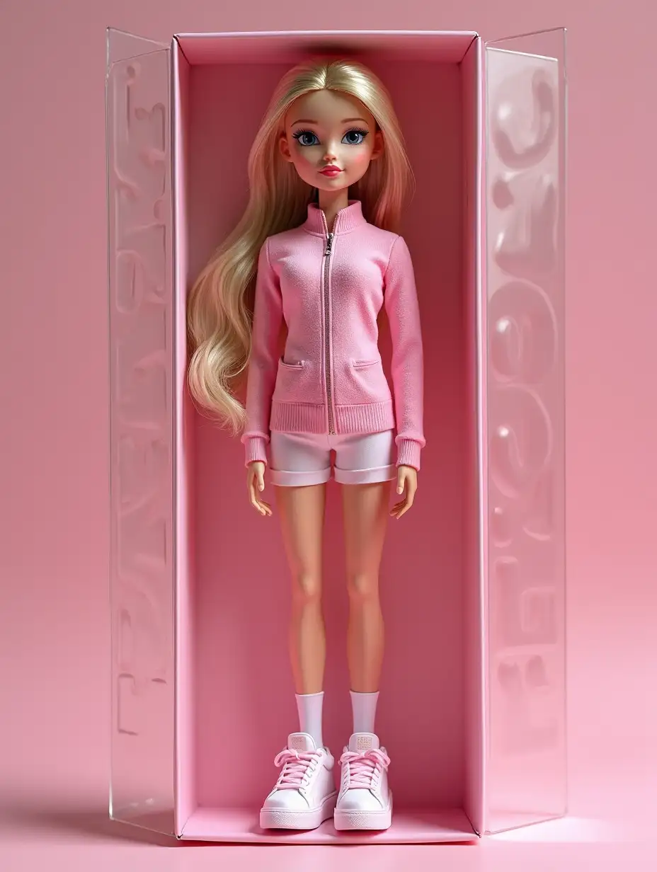 figure of a person - like an expensive toy in packaging. Style: maximally realistic, as for advertising or storytelling (aspect ratio 9:16). Main elements: This is a 3D doll in the style of Bratz, made of soft touch plastic. Full-size character, repeating the appearance and outfit from the first photo. Copy every detail: hairstyle, lips, eyes, features and proportions of the face. Clothing - exactly, with an emphasis on style and textures. The doll lies in a plastic recess that repeats its silhouette. Packaging: gray Style of the box is modern. Box: transparent plastic in front, cardboard back. Pastel pink colors In the upper part of the box there should be the name of the character Victoria Zaytseva - letters are embossed and engraved on the box Accessories inside the box: Arranged next to the doll in their places in separate compartments: water bottle, sneakers and a cup for 1st place Accessories - maximally photorealistic and detailed miniature versions. Keyword: style, visual and detailing as in a premium collectible toy