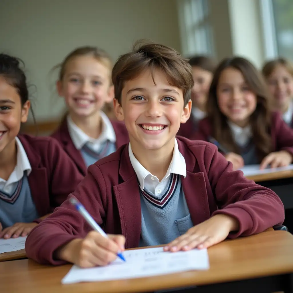 11YearOld-Boys-and-Girls-in-Summer-School-Uniforms-Taking-an-Exam