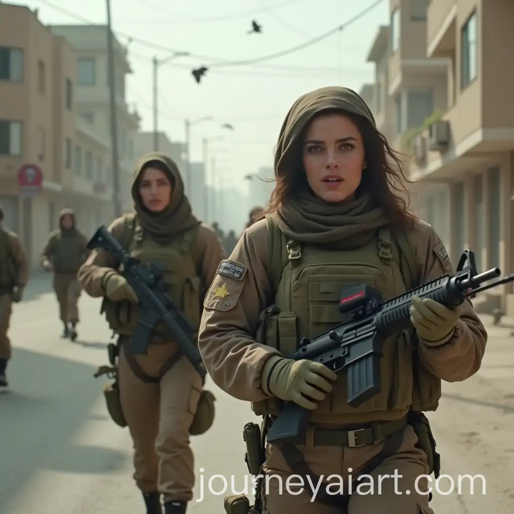 Women-in-Army-Uniform-and-Tactical-Vest-Fighting-in-Iranian-Streets-with-Explosions-and-Gunfire