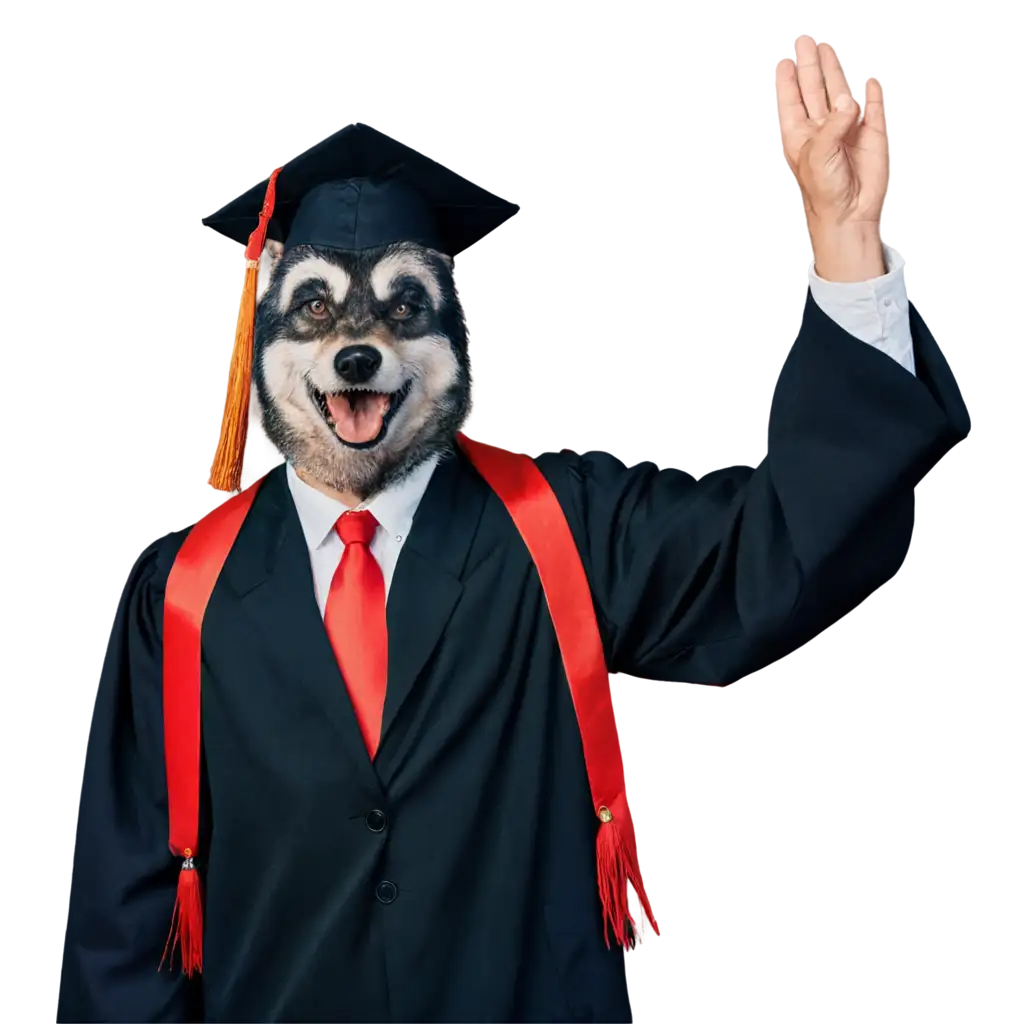 Graduating-WolfHeaded-Man-PNG-Image-with-Hand-Raised-Ideal-for-Digital-Artwork-Graduation-Themes