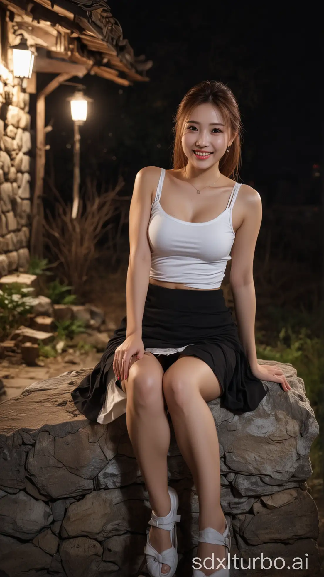 Chinese-Woman-with-Sweet-Smile-Sitting-on-Stone-in-Winter-Countryside-at-Night