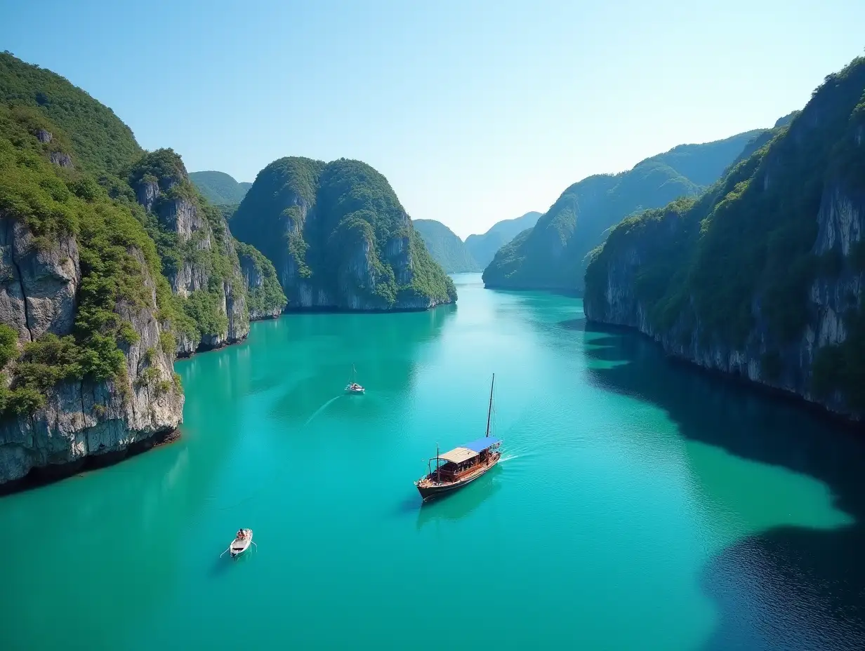 Panorama amazed nature scenic landscape Maya Bay with boat for traveler, Attraction famous popular place tourist travel Phuket Thailand beach summer vacation trips, Tourism beautiful destination Asia