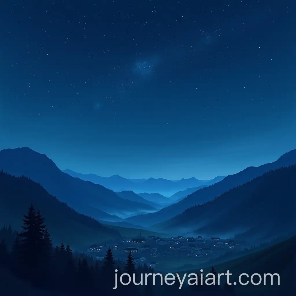 Starry-Night-Sky-Over-a-Quiet-Rural-Mountain-Village-with-Misty-Horizon