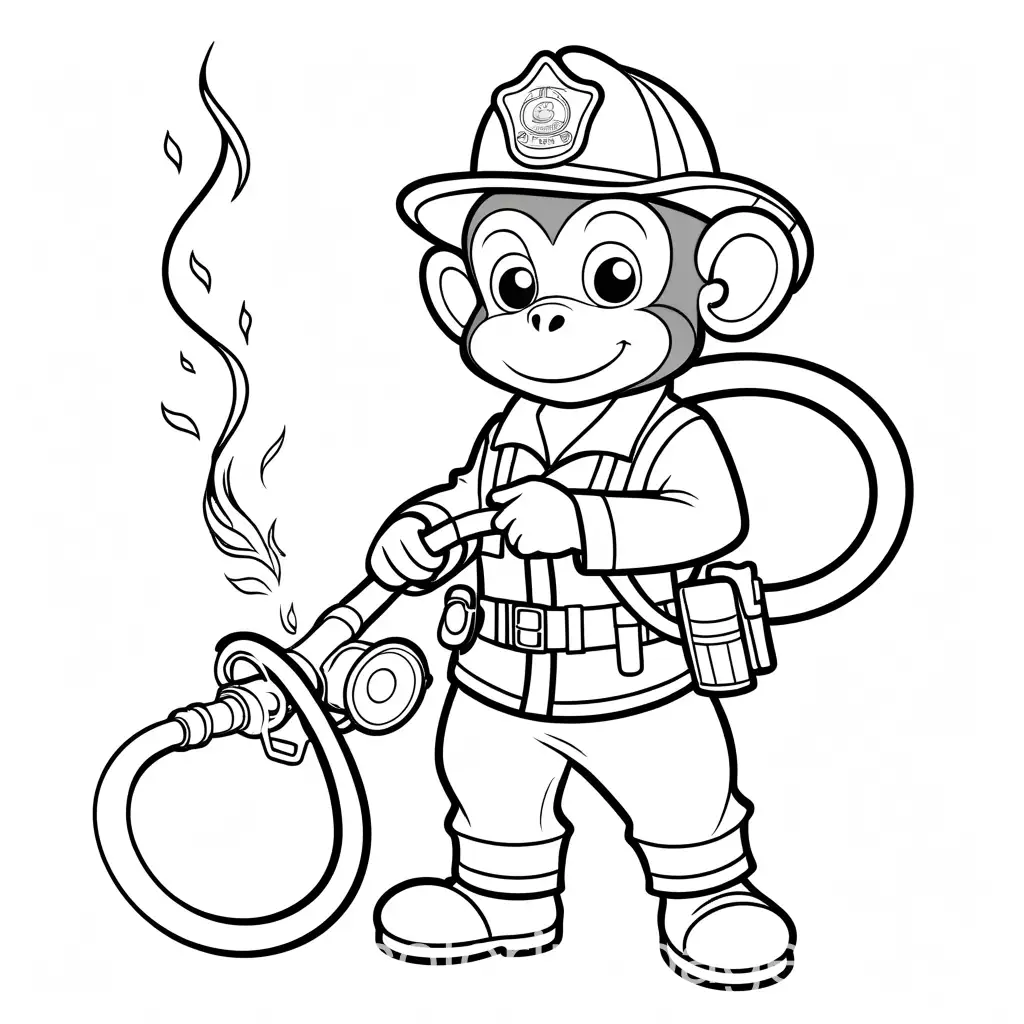 Monkey-Firefighter-Coloring-Page-with-Tiny-Hose-and-Toy-Fire