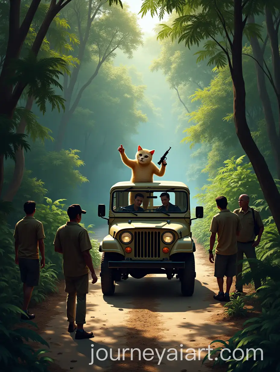 Jungle-Road-Scene-with-CatFaced-Figure-and-Armed-Jeep-Crew