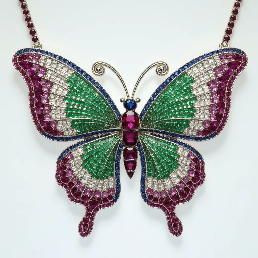 platinum, diamonds, emeralds, rubies, sapphires, butterfly necklace