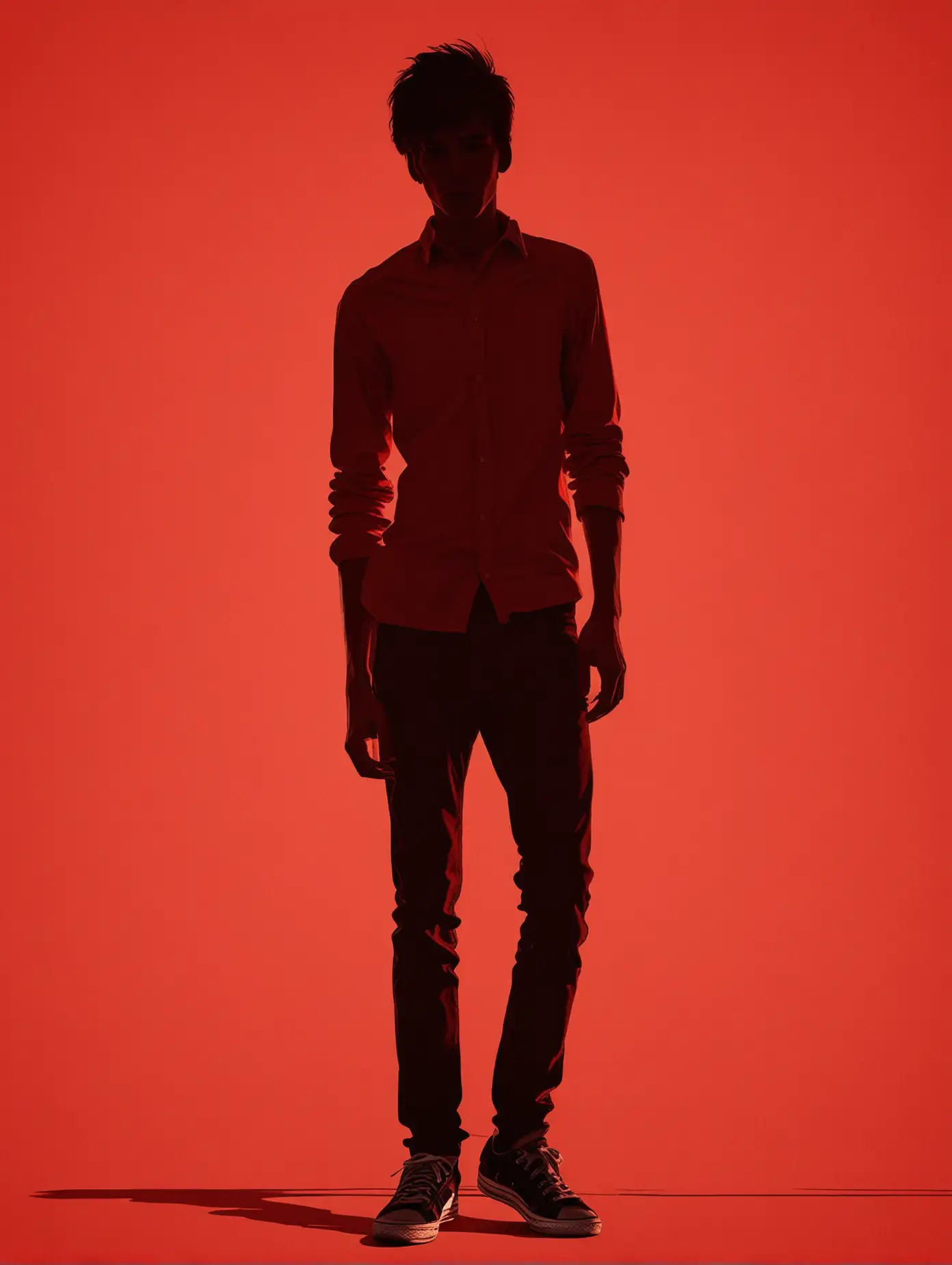 Silhouette of Skinny Young Man on Red Background