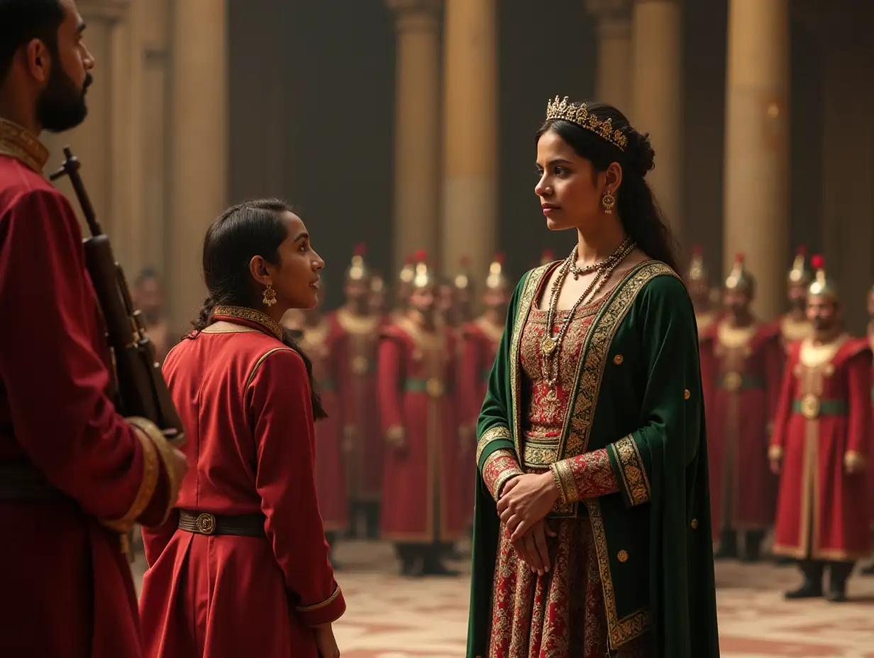 As Minister Sujata, the girl stands with dignity in the court, surrounded by guards and soldiers, and the king looks at her proudly.