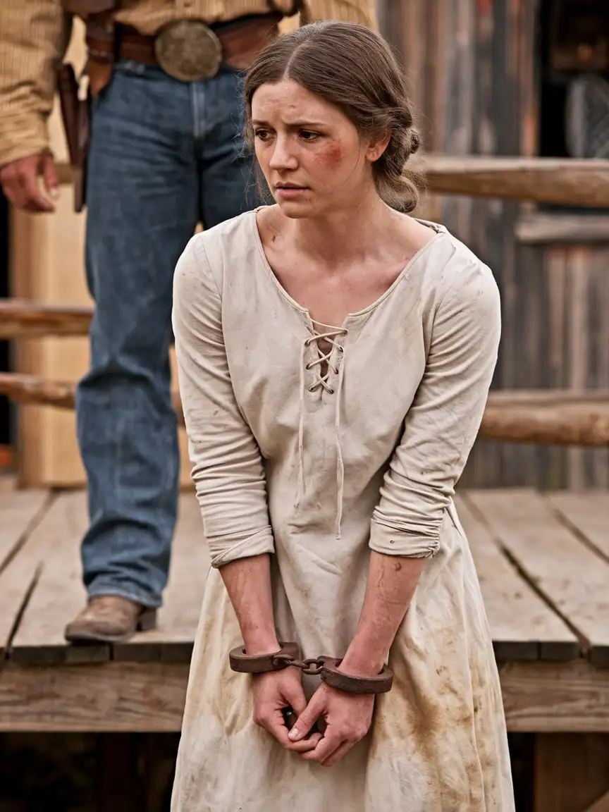 Sad Young Woman in Vintage Prison Yard with Cowboy