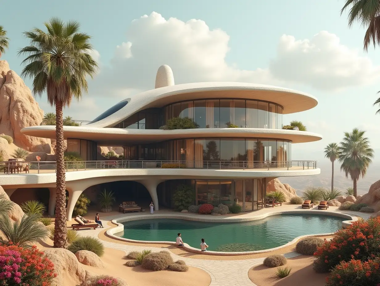 Create a high-resolution, realistic panorama image of a futuristic terrace building with window UFO house with bridge, one and one with people, many plants and colorful flowers White and brown facades in the desert oasis, big trees, very cloudy sky