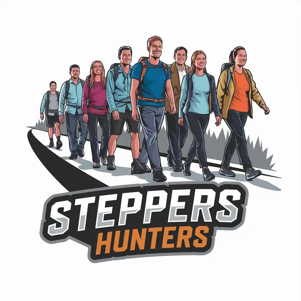 a vector logo design,with the text "Steppers hunters", main symbol:a vector logo design,with the text "Охотники за шагами", main symbol: group of people, tourists walking with a smile along the road, men and women, modern hiking clothes,Moderate,be used in Travel industry,clear background