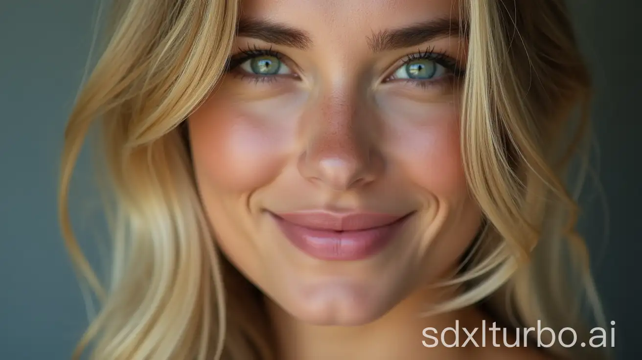 Studio close up portrait Smiling Woman at paris low key, green eyes, blond hair