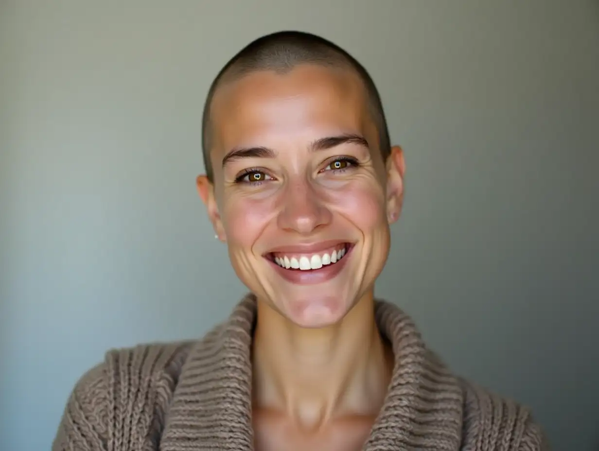 Headshot picture portrait of smiling young Caucasian sick woman blogger shoot online live broadcast vlog, happy ill hairless female patient with cancer oncology feel optimistic talk on video call