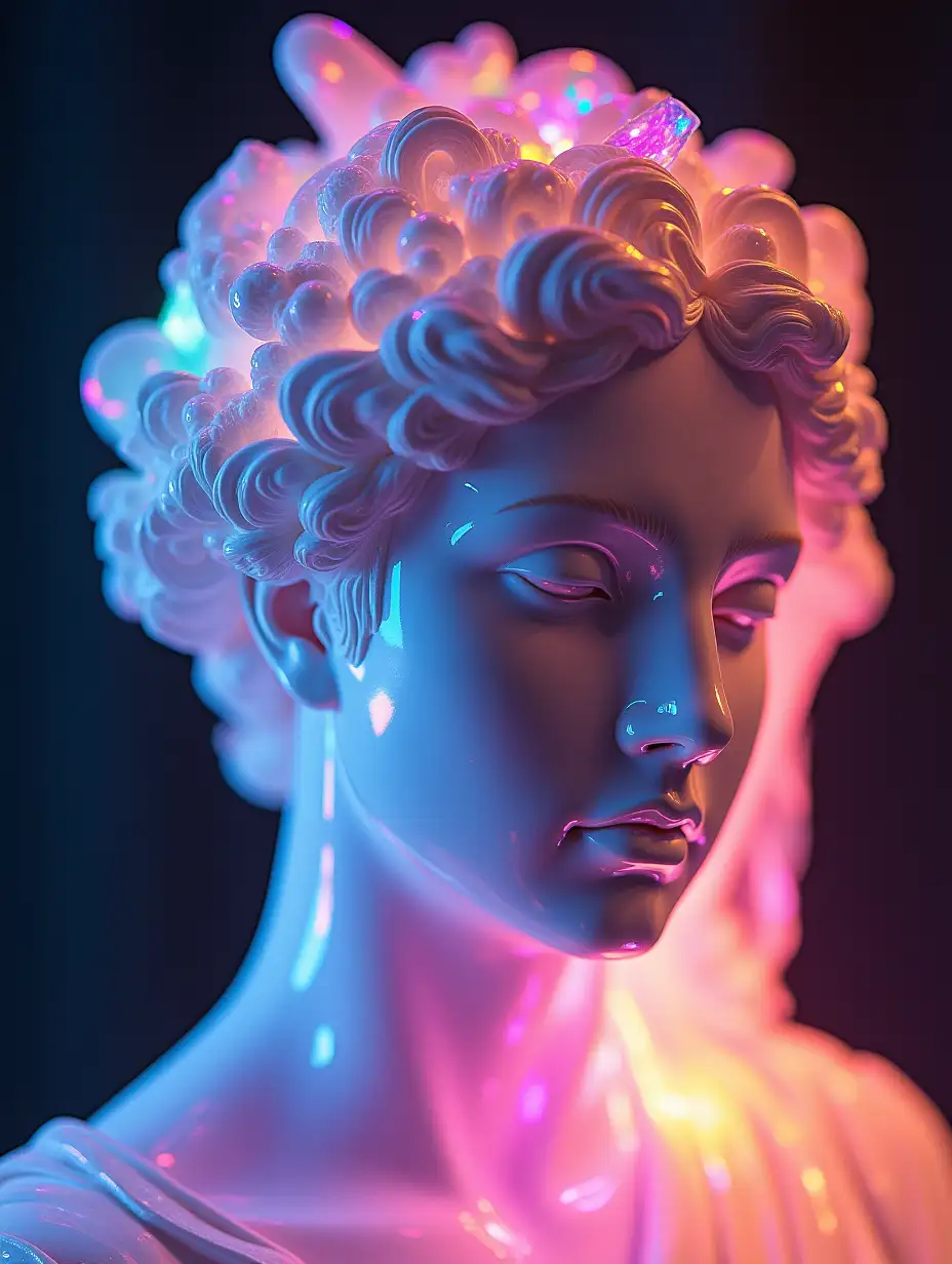 closeup, in a colorful complex magical ethereal world, greek marble sculpture goddess, transparent glass rainbow hue, glowing, neon, translucent, profile picture, avatar,rainbow hue, psychedelic dmt vibe, 3D Sculpt,Glowwave,