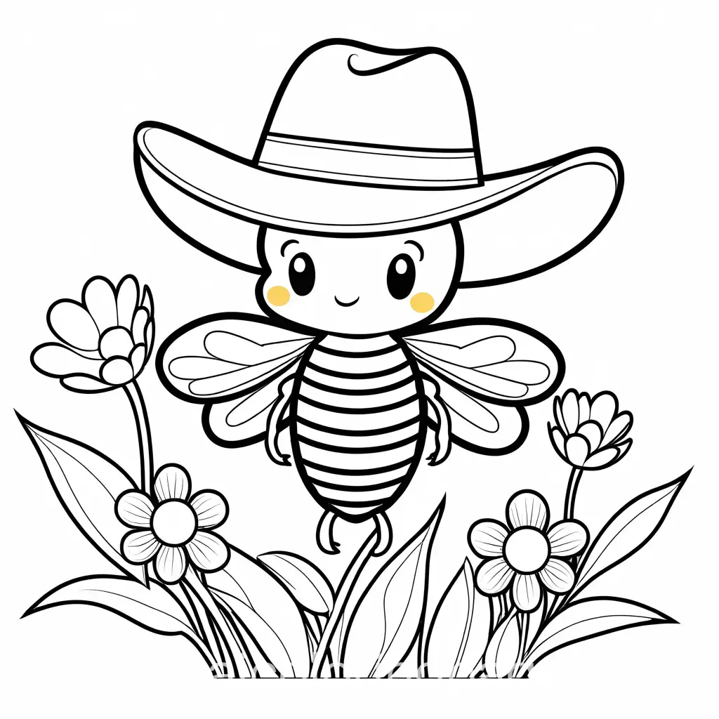 Cute-Bee-Wearing-Cowboy-Hat-Buzzing-Over-Flower-Simple-Coloring-Page-for-Kids