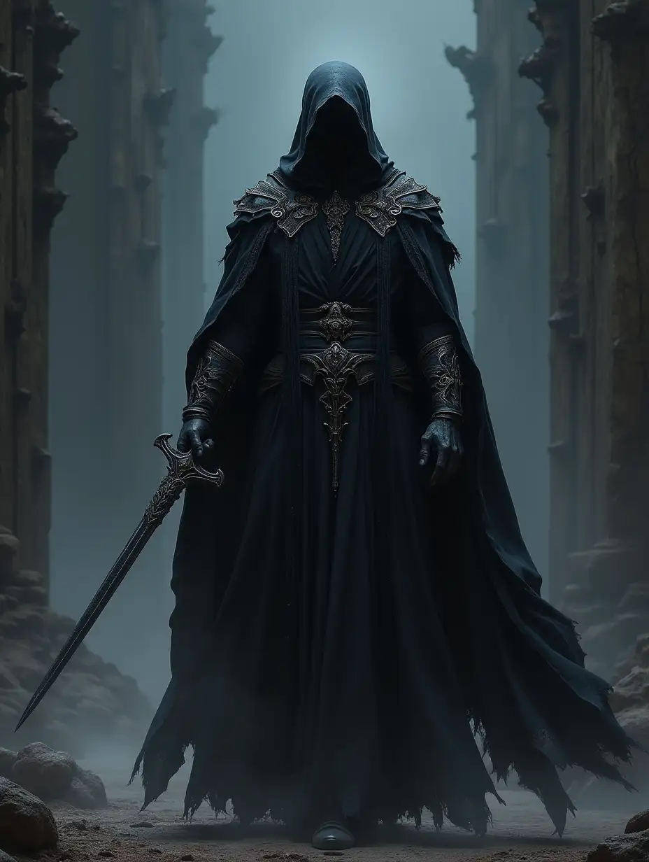 a dark lord(dressed in a very black robe, with such interests surrounded by patterns) holds a dark sword(thin and graceful shape) in his hand and smoothly moves towards a dark matter high tower, background around a fantasy world, illustration style game graphics