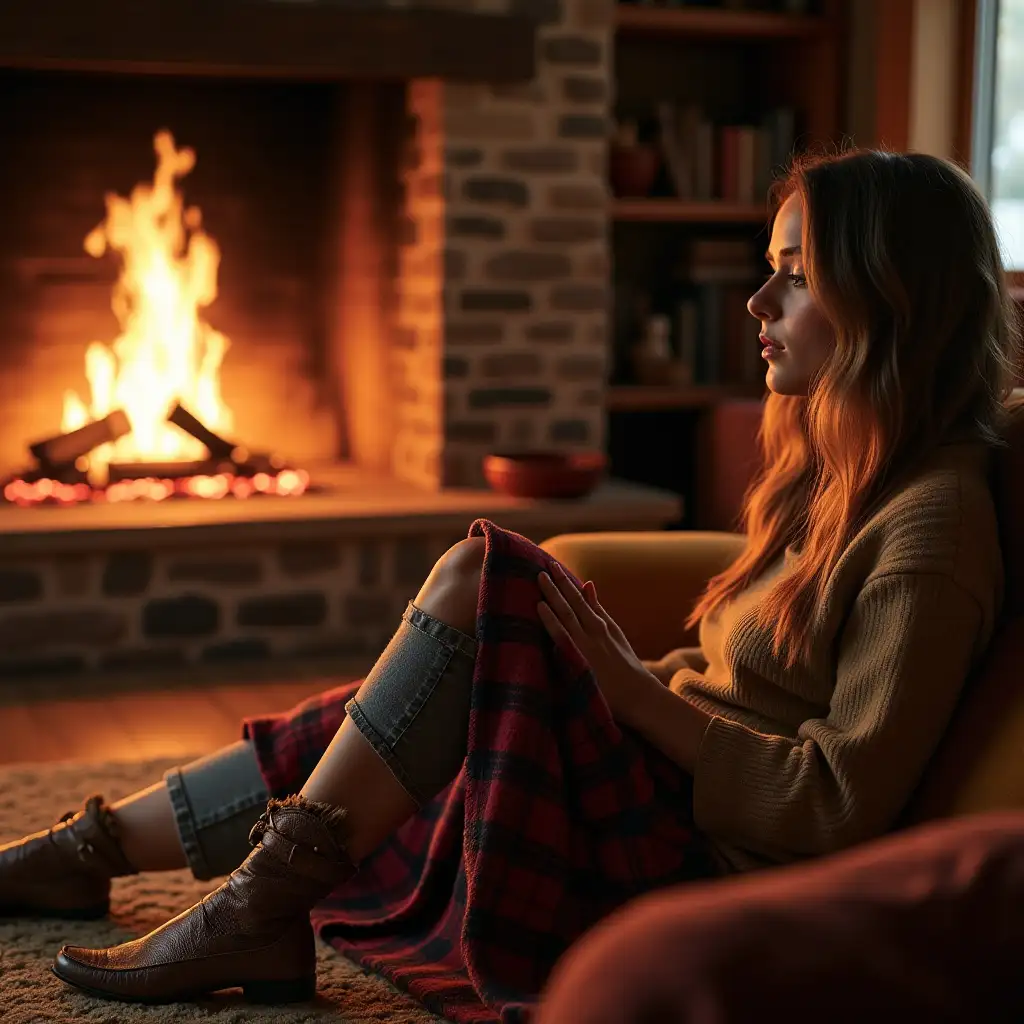 Scottish-Girl-Relaxing-by-Cabin-Fireplace-in-Cozy-Setting