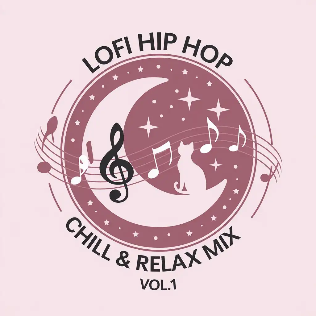 LOGO Design for LOFI HIP HOP CHILL RELAX MIX VOL1 Desaturated Pink White with Moon Cat Stars and Musical Notes Theme