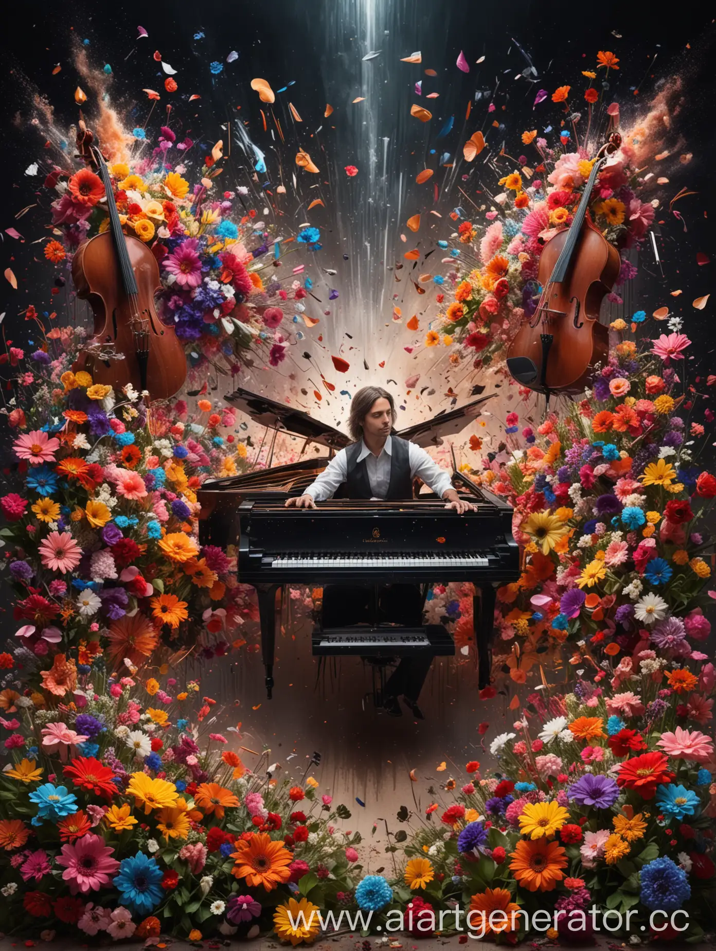 Pianist-Surrounded-by-Synthesizers-Violin-Double-Bass-and-Exploding-Piano-Keys-with-Colorful-Flowers