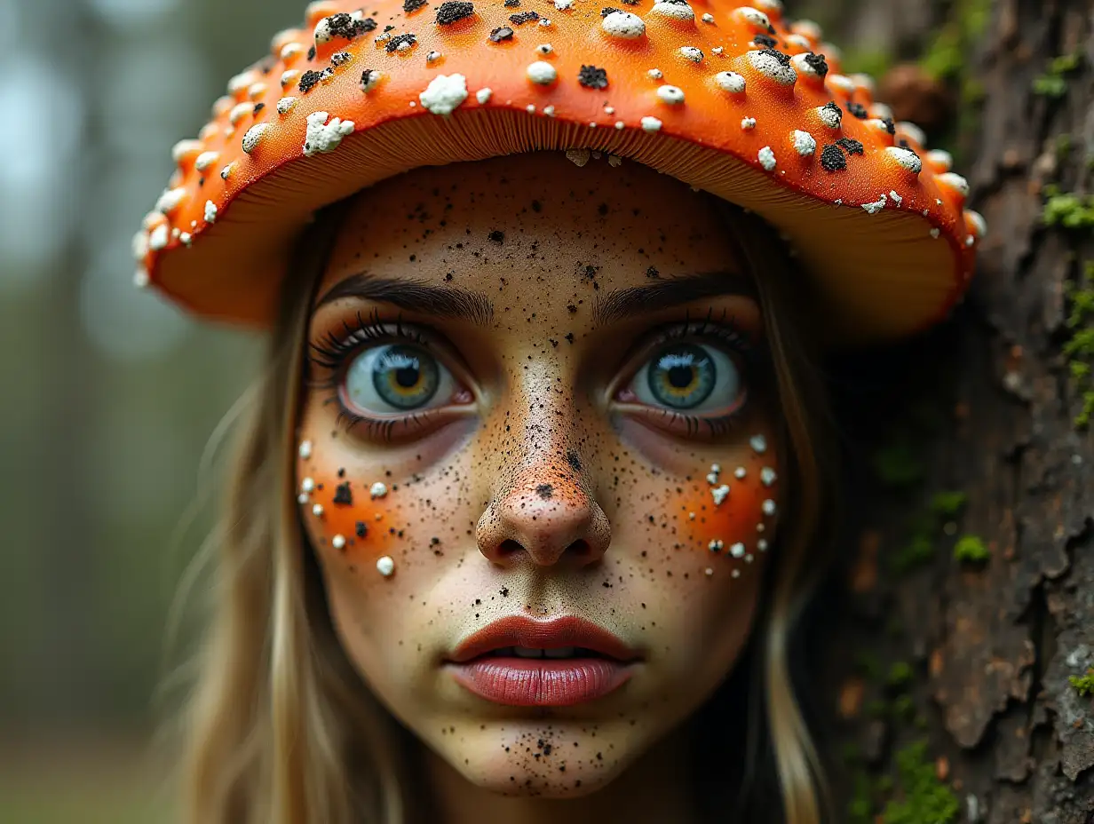 Face with brown fly agaricnRoots transformed into building