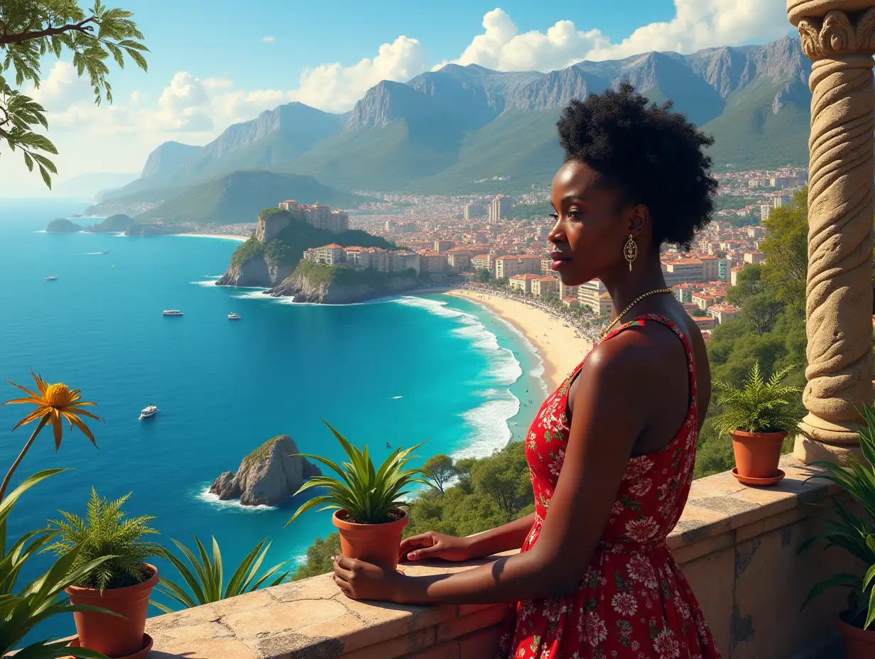 Ultradetailed hyperrealistic portrait of a 53 year old black woman on a very beautiful terrace with plants in Africa overlooking the beach, elaborately detailed, colorful sea, city, rocks, mountains with snow