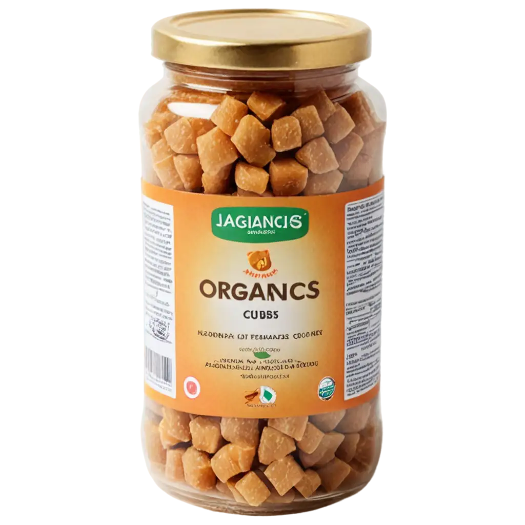 A cylindrical plastic jar of 500 gm with golden lid containing irregular sized jaggery cubes and brand name THE ORGANICS in English