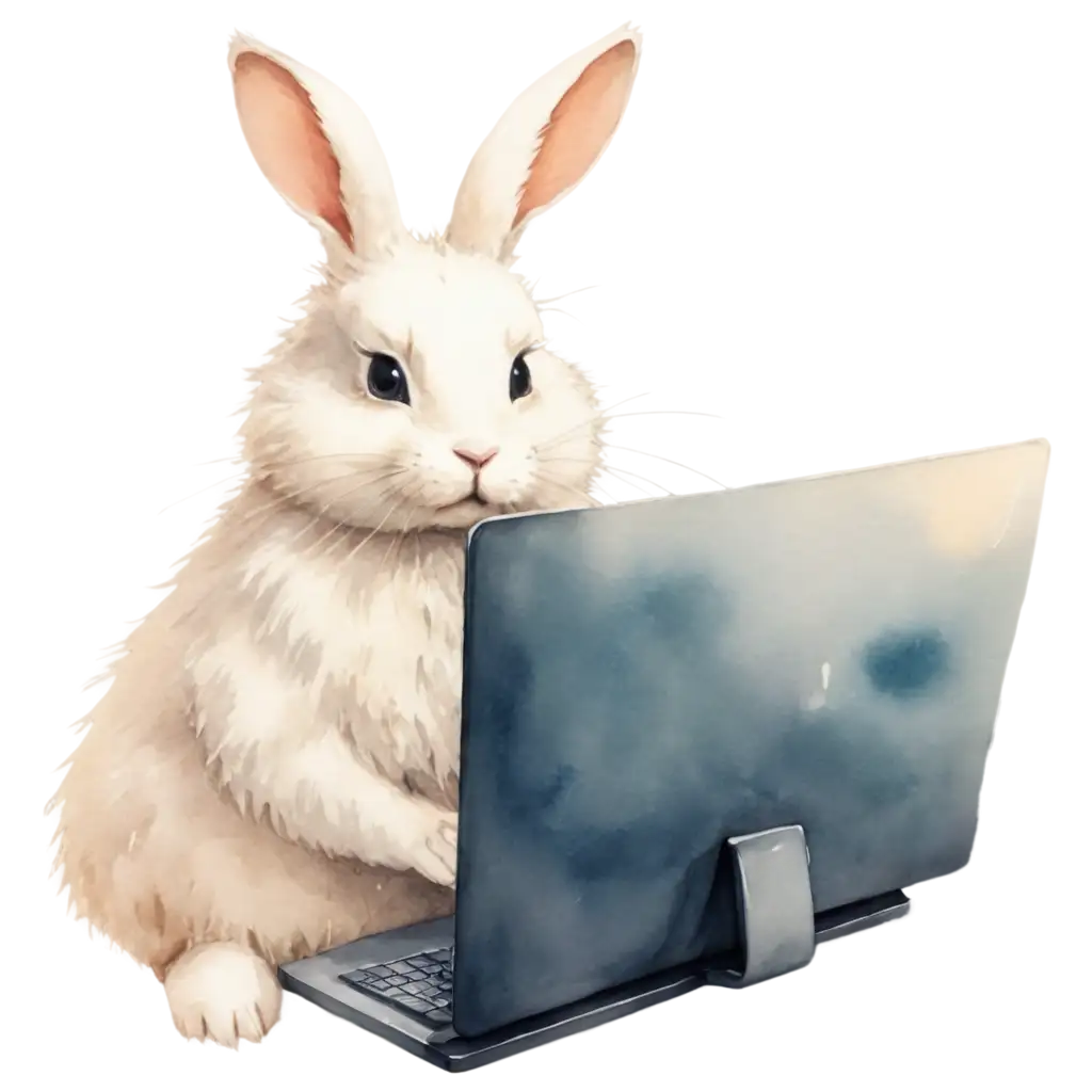 Fluffy-White-Rabbit-with-Kind-Eyes-Working-on-a-Computer-PNG-Image-in-Watercolor-Style