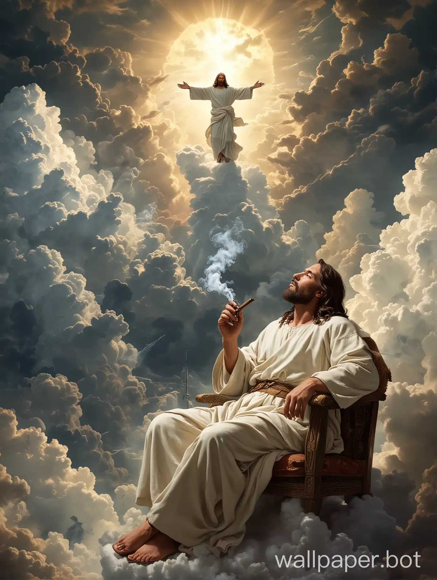 Jesus-Christ-Relaxing-in-the-Clouds-with-a-Cigar