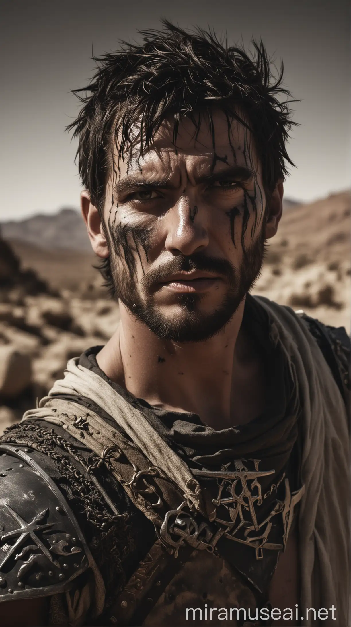 Fierce Warrior in Black Medieval Armor Standing Alone in Desert