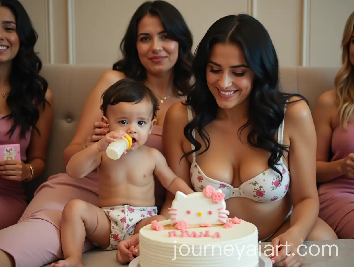 Woman-at-Baby-Shower-with-Baby-Boy-in-Hello-Kitty-Diaper-and-Cake-Decor