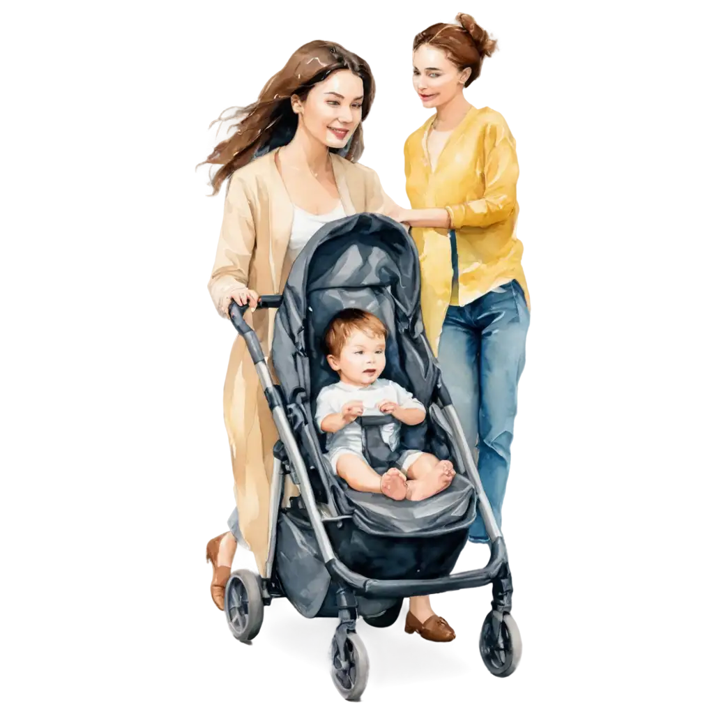 Watercolor-Mother-Pushing-Her-Baby-in-a-Stroller-PNG-Image-for-Your-Creative-Projects