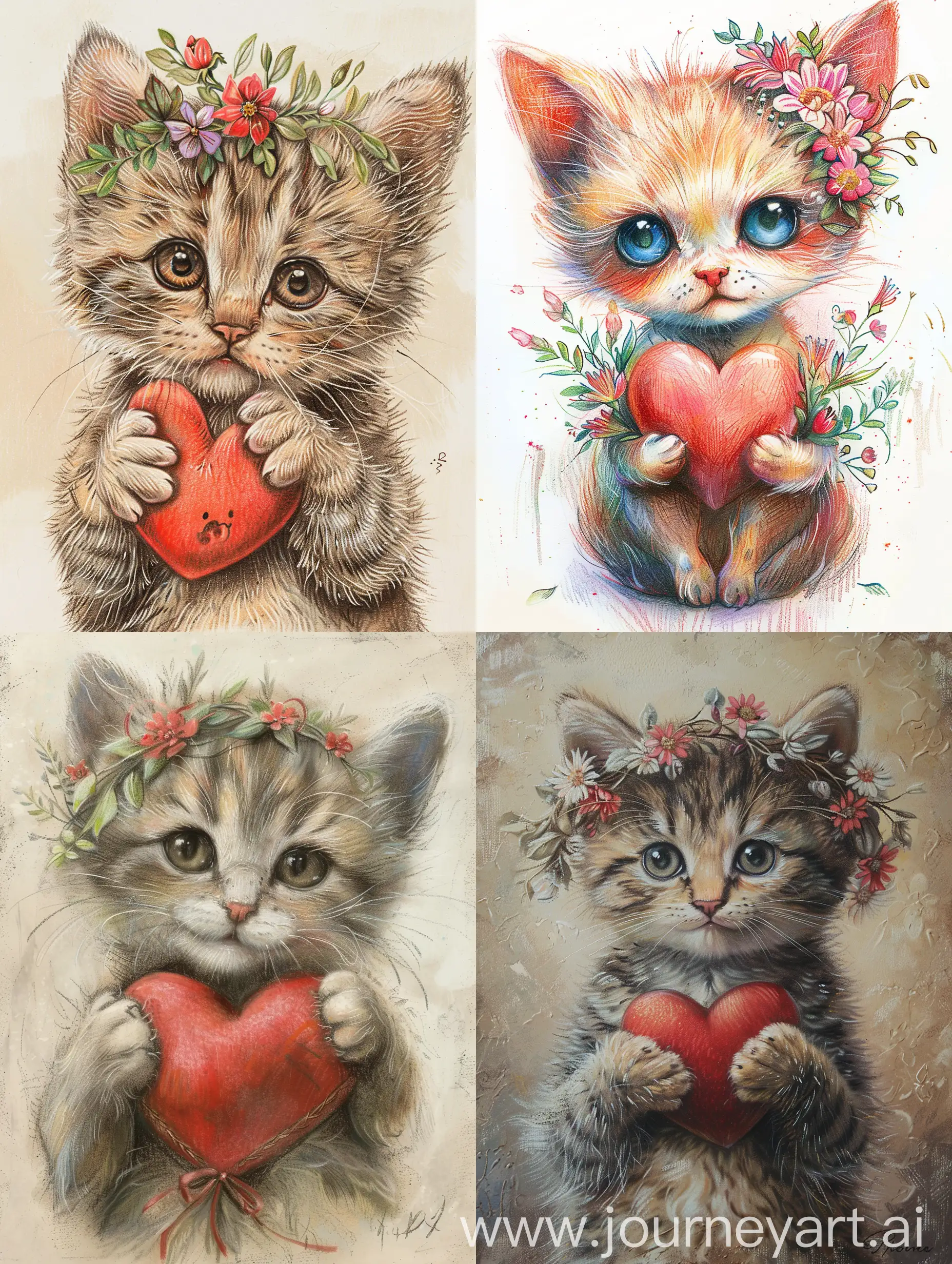 Anthropomorphic-Kitten-with-Plush-Heart-and-Floral-Wreath-Illustration