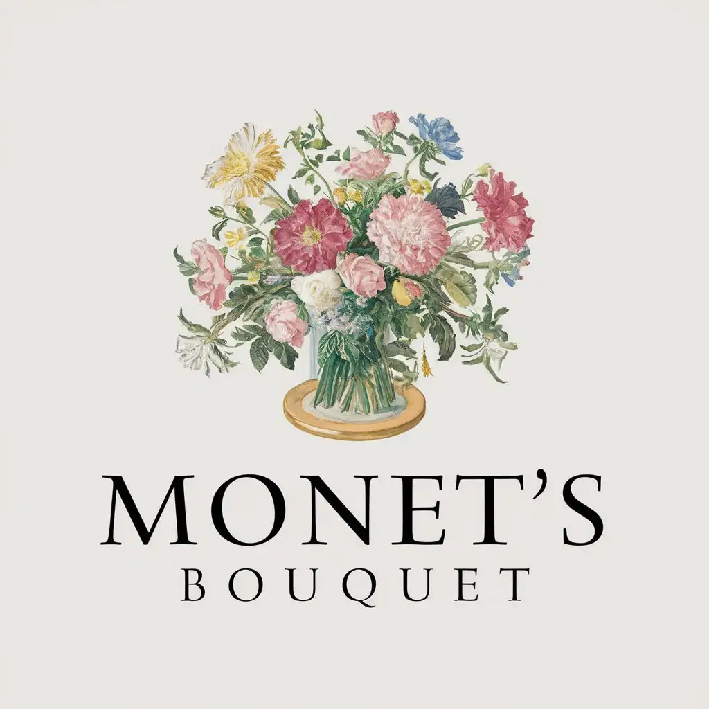 a vector logo design,with the text "Monet's Bouquet", main symbol:Oil painting, flower bouquet,Minimalistic,clear background