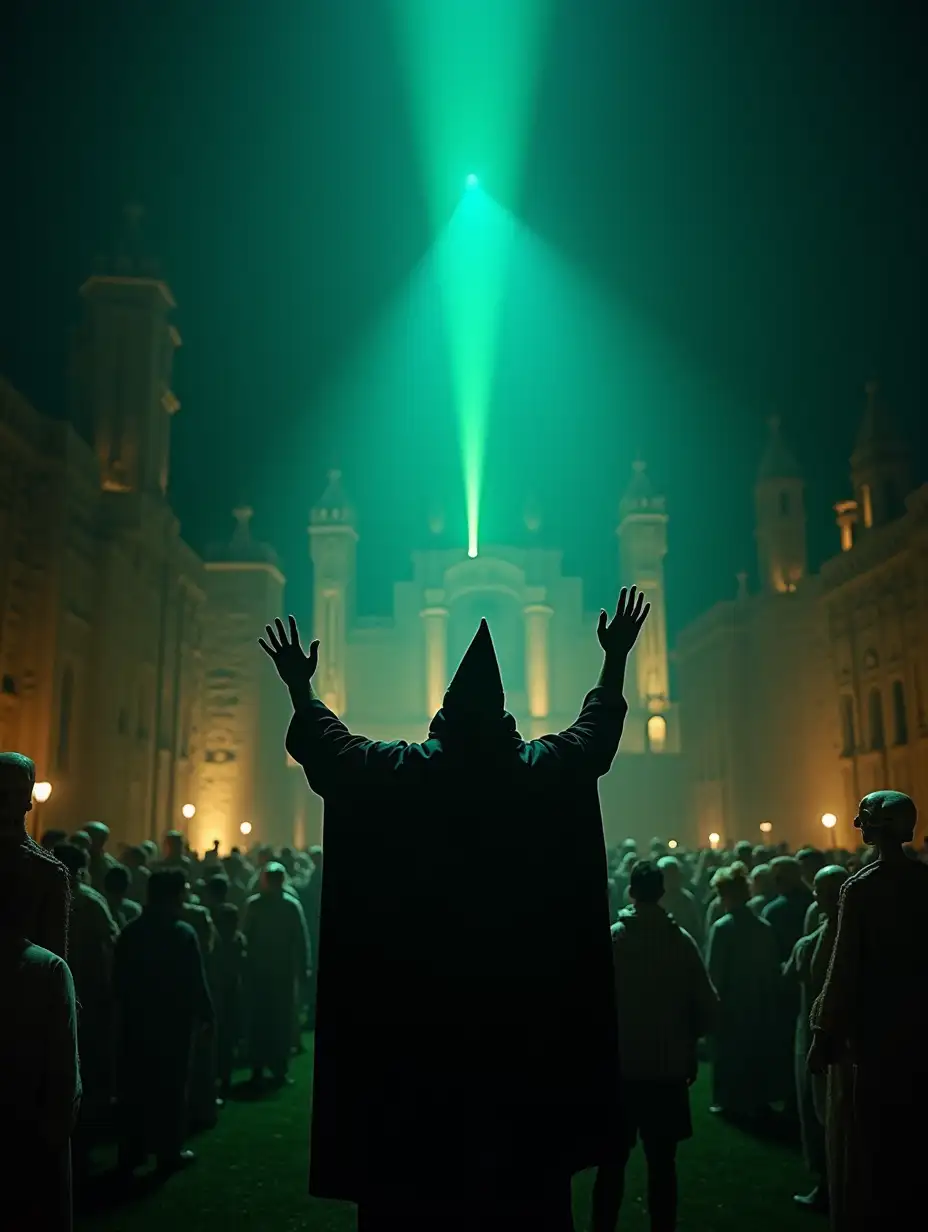 Priest of the death church raises hands to the sky, behind shoots a ray in the sky greenish-blue color, stone medieval buildings, night, around people and skeletons, carnival, Mexican death festival