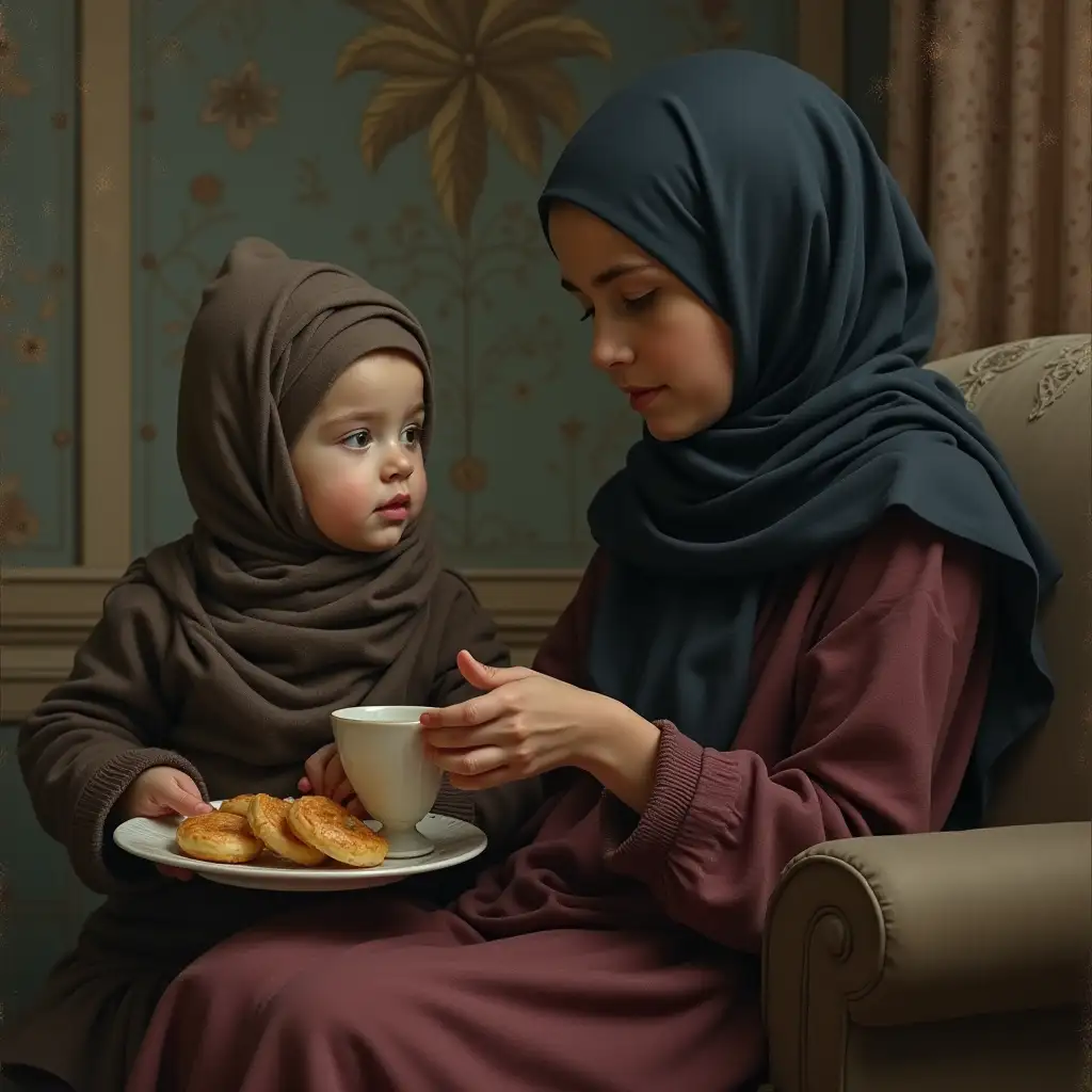 Éndre Penovac, Jean-Baptiste Montag, Vladislav Leonovich, tiny Beautiful girl at home as a guest of an old grandmother in a hijab, tea with pastries, dynamics, emotions