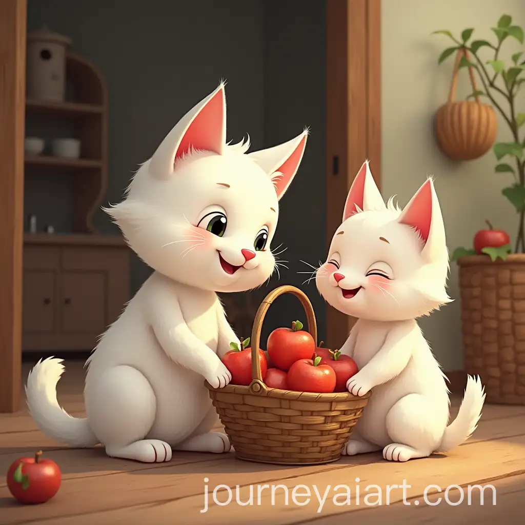 White-Cat-Presenting-Apples-to-Mother-Cat-in-Cozy-Wooden-Home