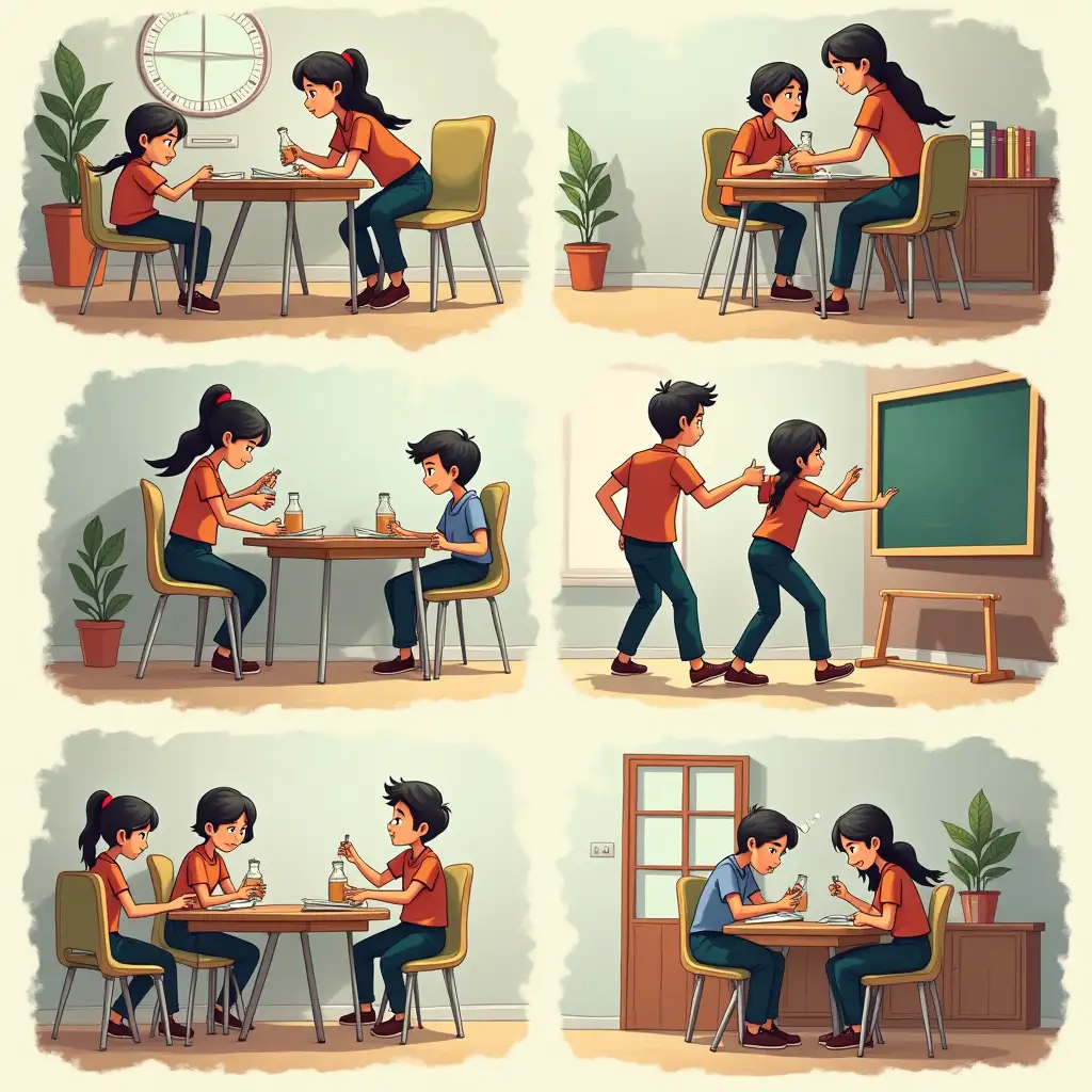 can you make an image sequence with a story related to school coexistence. but they have to be at least 8 images to assemble the story that also be related to school scenarios such as conflicts ... remember conflicts in ordered sequences