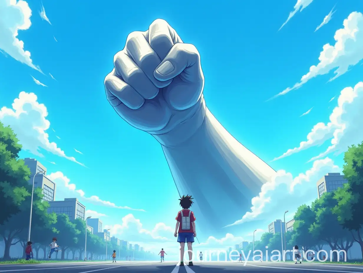 Anime-Character-Awestruck-by-Emergent-Metallic-Arm-in-Urban-Setting