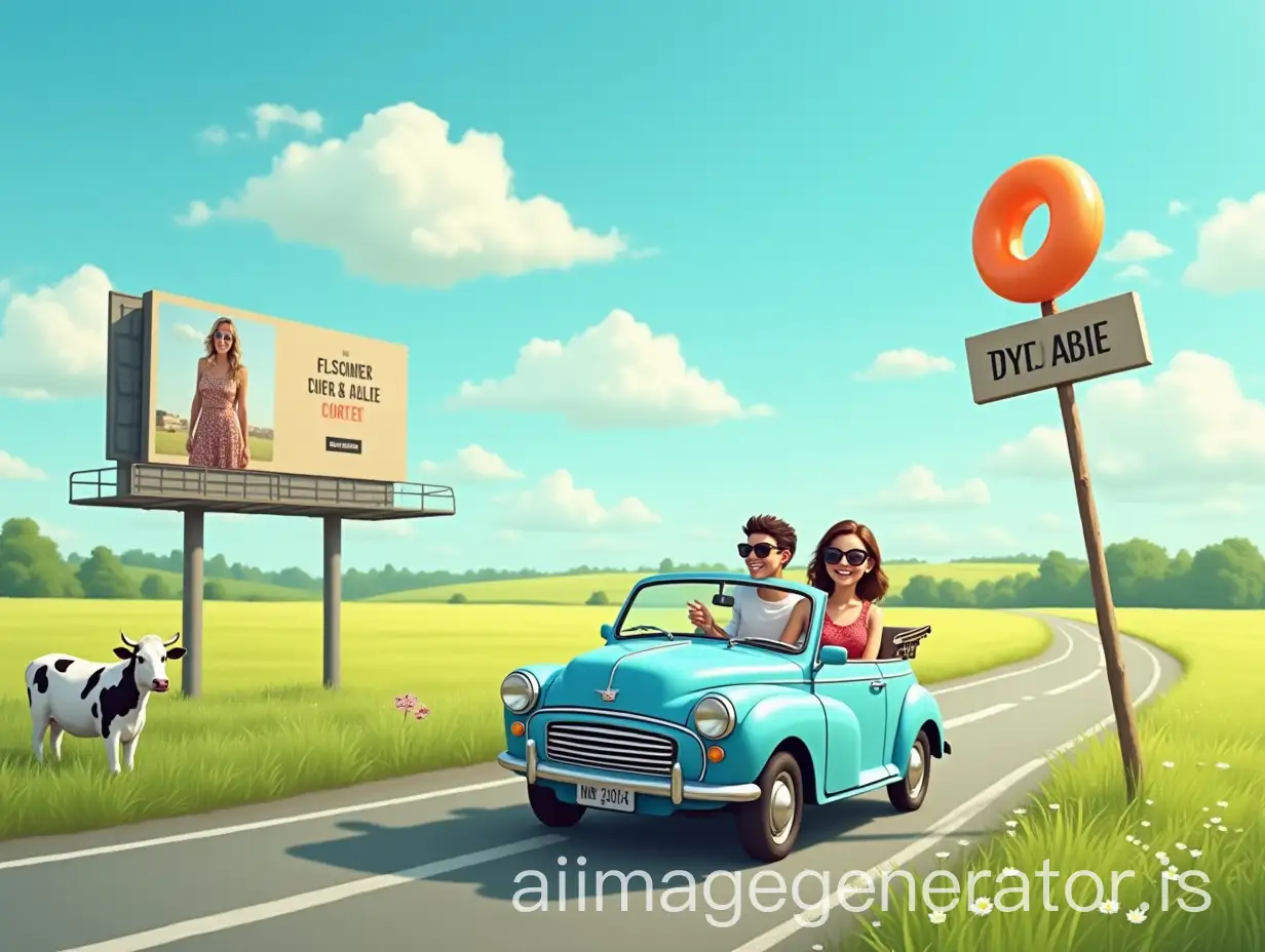 Joyful-Summer-Road-Trip-with-Blue-Car-and-Fashion-Billboard