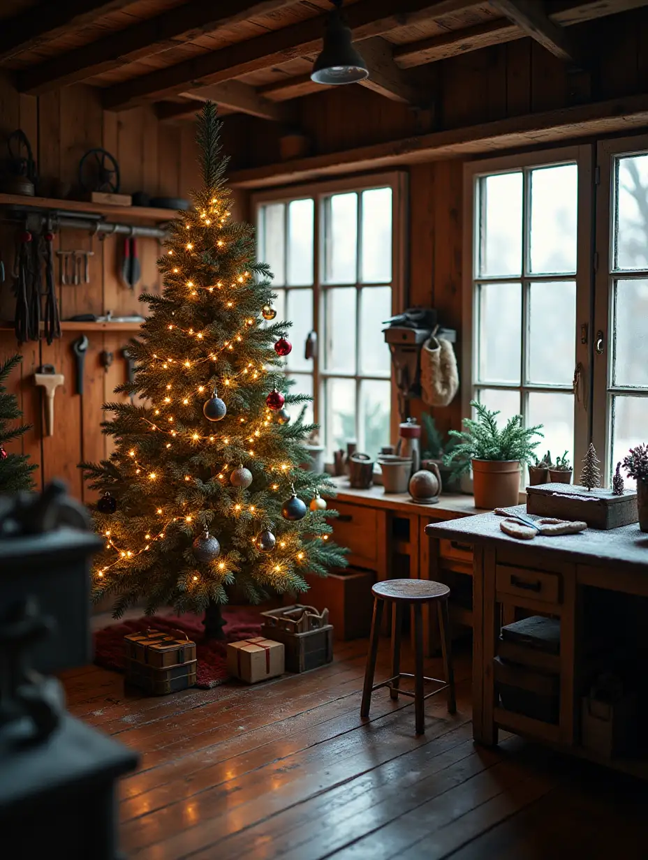 In the corner of a cozy carpentry workshop, winter light filters through frosted windows, casting a soft glow upon the scene. Amidst a collection of well-loved tools, a beautifully decorated Christmas tree stands adorned with twinkling lights. The image, likely a photograph, captures the essence of a festive and serene moment. The workshop is filled with a warm, inviting atmosphere, where the crisp air mixes with the scent of pine. Every detail is expertly rendered, from the intricate ornaments on the tree to the tools hanging neatly on the walls. The overall effect is that of a nostalgic and peaceful winter tableau, evoking a sense of holiday magic.