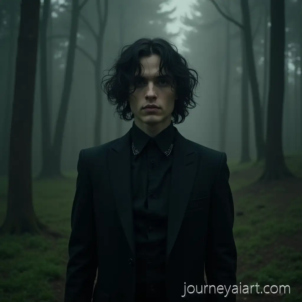 Gothic-Man-Resembling-Timothe-ChGothic-Timothe-Chalamet-Lookalikealamet-in-a-Forest-Setting