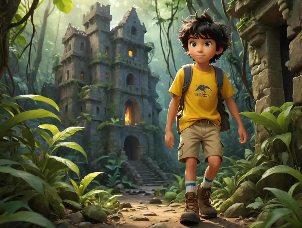 Max is A 7-year-old Latin with messy black hair, big, bright, expressive blue eyes, light brown-skinned, wearing a yellow t-shirt, khaki shorts pants with brown hiking boots and white socks. Back-shot. Max gazes surprisingly, when he encounter a ancient mystical castle ruins at civiltwilight. Lush rainforest surrounds, fireflies dancing, hyperrealistic 3D rendering, dramatic lighting, cinematic atmosphere.