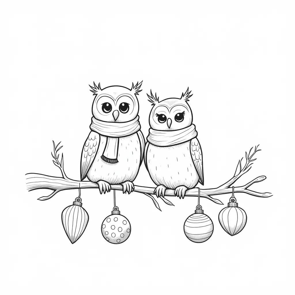 Owls-in-Colorful-Scarves-Perched-on-a-Snowy-Branch-with-Holiday-Ornaments