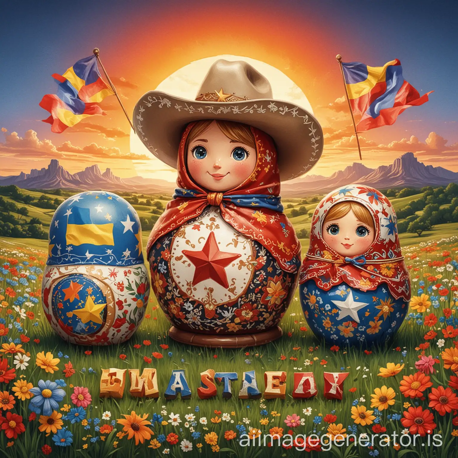 Create a cartoon-style image for a Facebook group that welcomes Europeans, Russians, and Ukrainians living in Central Texas. The image should include:1. The flags of Europe, Russia, and Ukraine, depicted in a fun, cartoon style.2. Iconic cultural elements like a cartoon Matryoshka doll, whimsical Ukrainian embroidery, and playful renditions of famous  embroidery 3. Symbols of Texas, such as a cartoon Texas star, cowboy hats, and a cute, cartoonish silhouette of the Texas state.4. A vibrant, colorful background featuring a cartoon-style Central Texas landscape, such as a sunset over rolling hills or a city skyline with exaggerated, playful details.5. Warm, inviting text in a bubbly, cartoon font that reads: 'Central Texas European & Eastern European Community Group. Celebrate cultures, share traditions, and build friendships.'