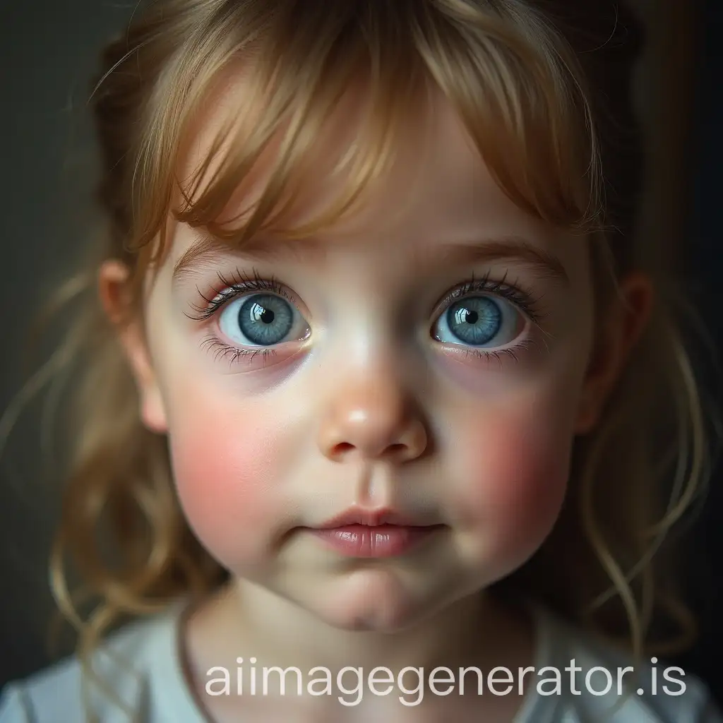 little girl with very big and protruding eyes crosses the pupils of her eyes rotating them towards the top of the nose