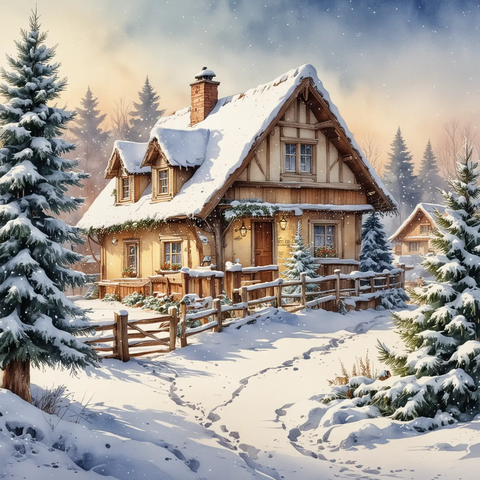 New-Years-Cottages-with-Snow-and-Christmas-Tree-in-a-Winter-Wonderland