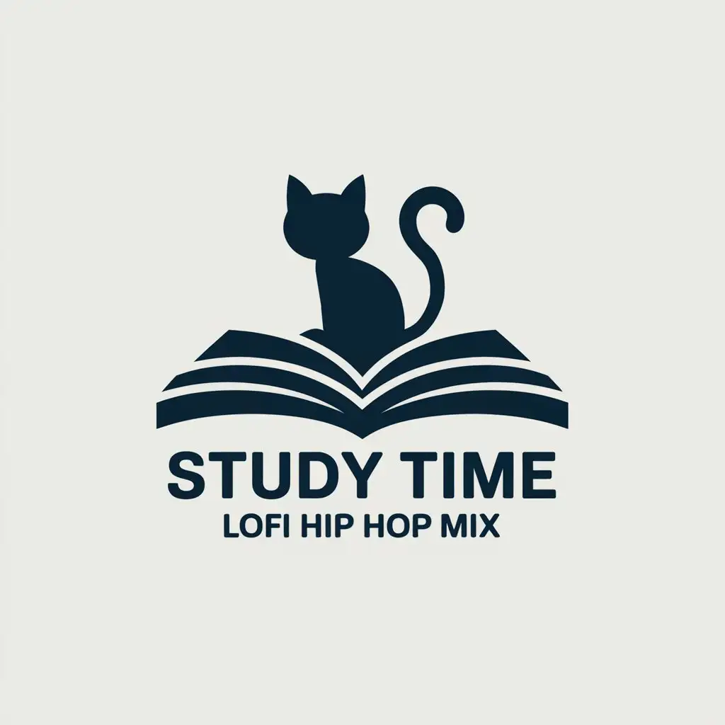 LOGO Design for Study Time Lofi Hip Hop Mix Cat on Book Symbol with Navy Blue and White Monotone