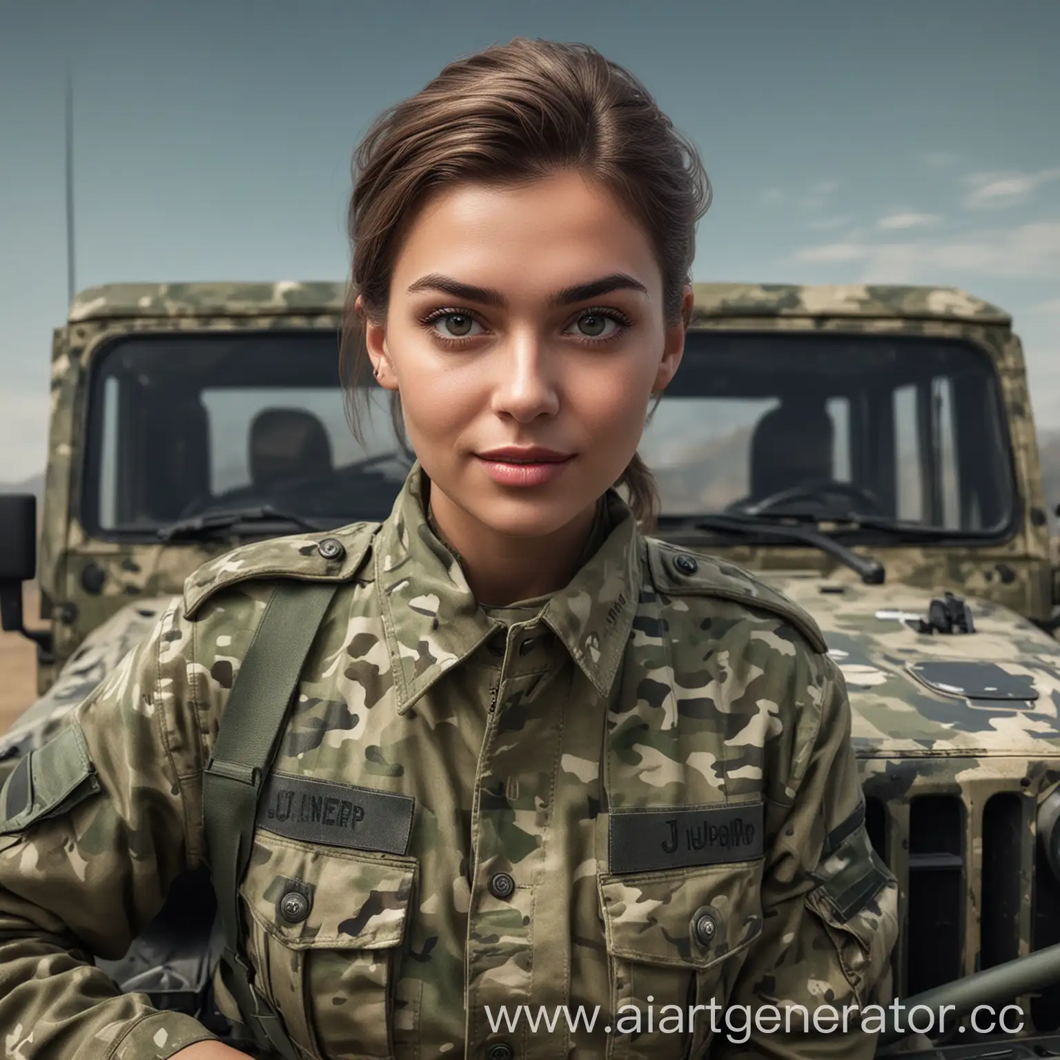 Place A face on a JEEP MILITARY, does not need to be realistic, WITH CAMEMOUFLAGE uniform