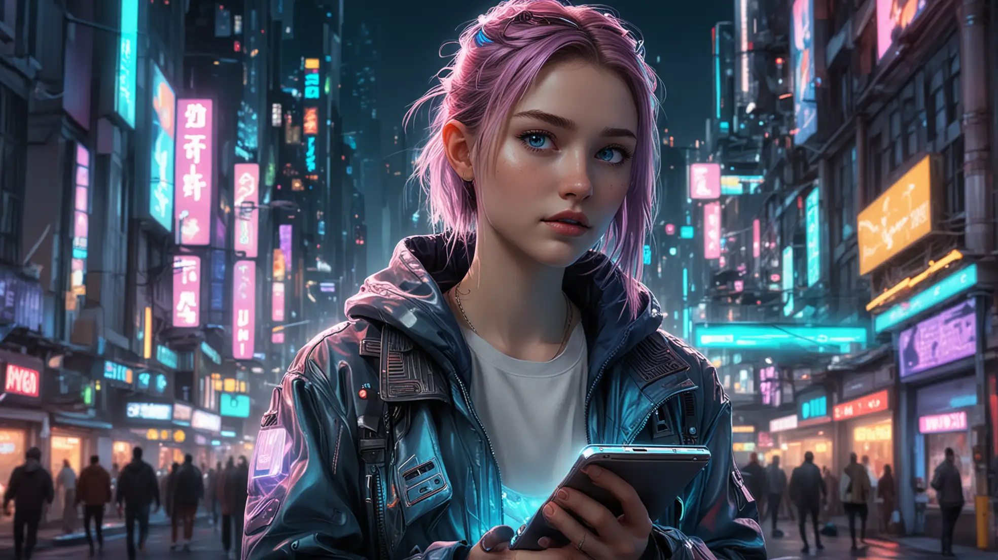 Description: A 24-year-old woman with fair skin and bright blue eyes, exploring a whimsical cyber city filled with futuristic gadgets and lively characters. She wears a neon-accented jacket and holds a tablet with floating holograms. Her expression is excited as she interacts with digital creatures in the virtual world.nSetting: A colorful, futuristic city with neon lights, floating platforms, and digital creatures roaming the streets, creating a fun and vibrant atmosphere inspired by cyberpunk aesthetics and animated storytelling.